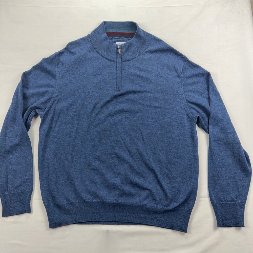 Tom James Quarter Zip Pullover 100% Merino Wool Made in Italy‎ 2XL Blue Sweater